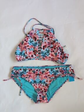 Women's Junior Floral Ladder-Front Bikini Set, Pink & Turquoise - L (11 - 13)
